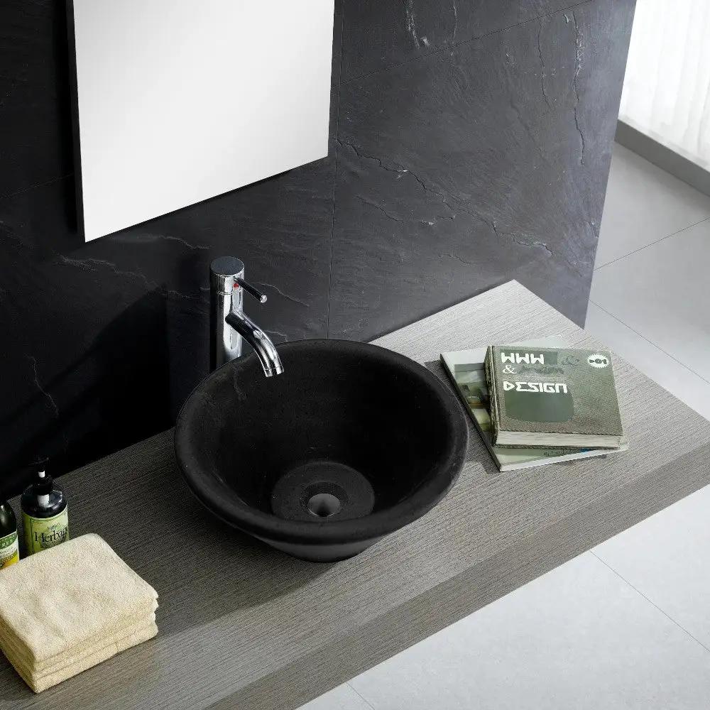 Black Andesite Natural Stone Vessel Sink Tapered Conical Honed Matte