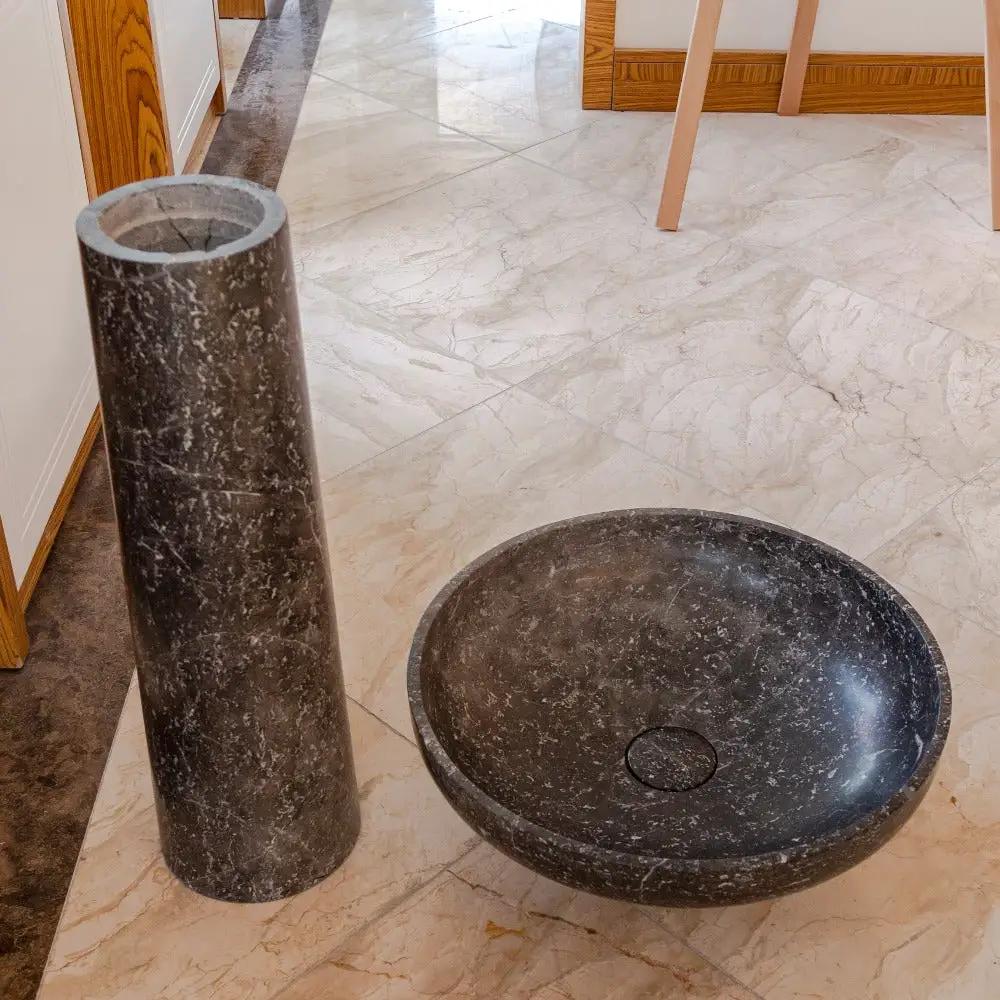 Round Black Marble Pedestal Bathroom Sink With Polished Finish