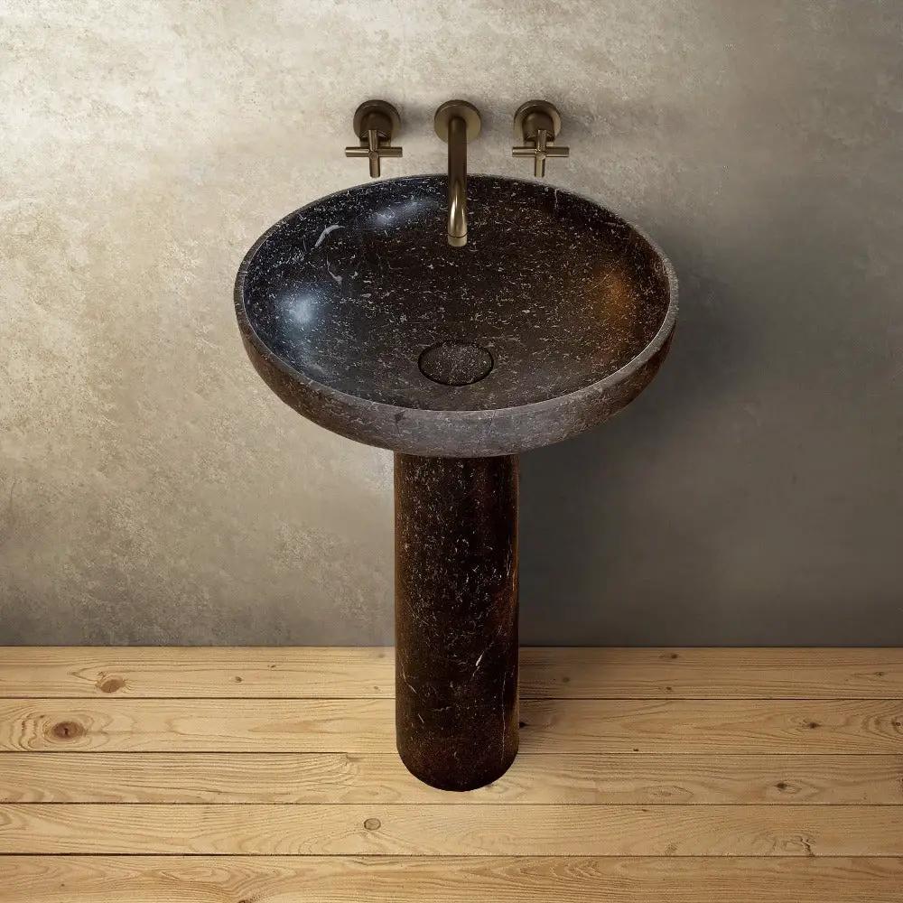 Round Black Marble Pedestal Bathroom Sink With Polished Finish