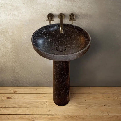 Round Black Marble Pedestal Bathroom Sink With Polished Finish