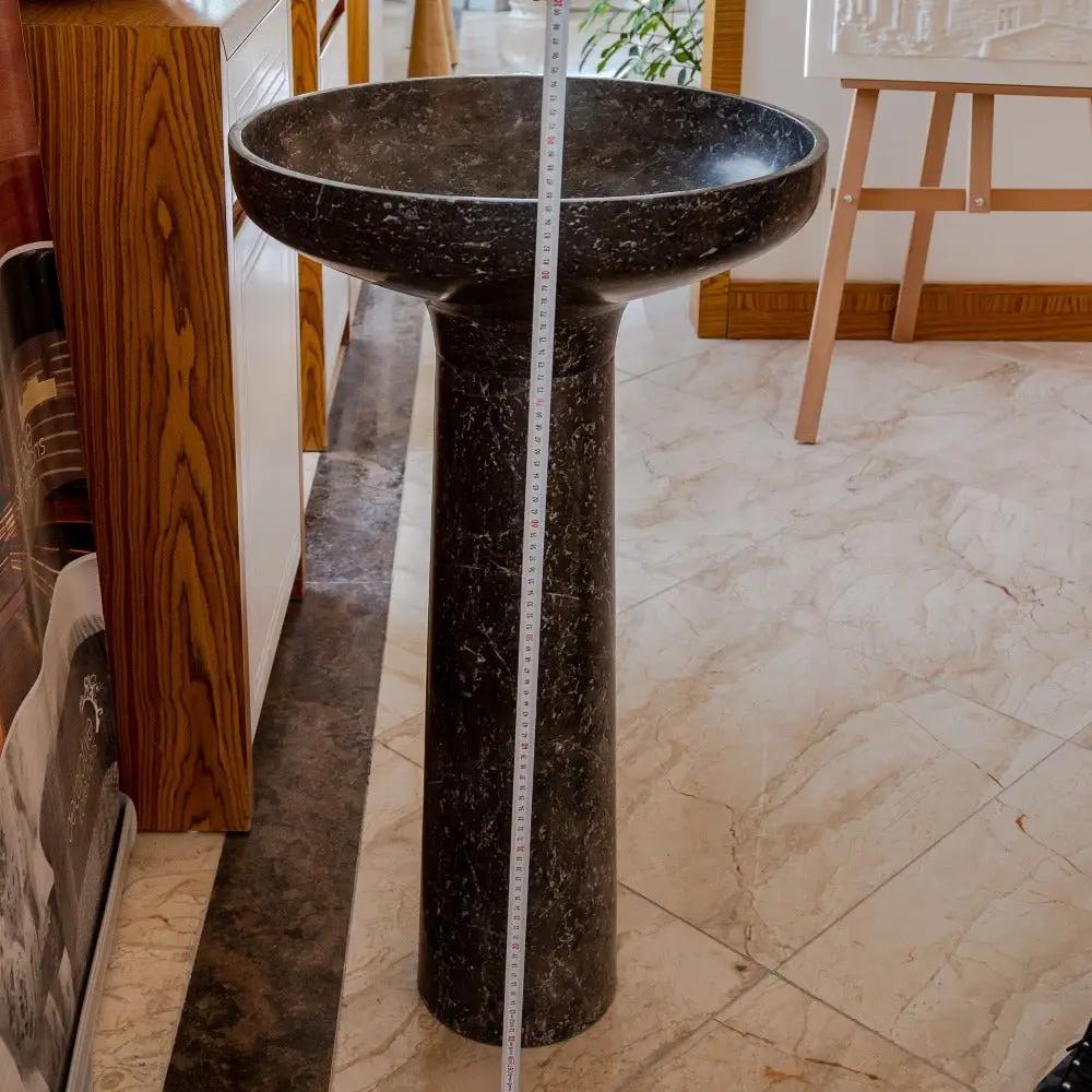 Round Black Marble Pedestal Bathroom Sink With Polished Finish