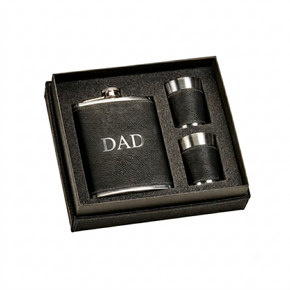 Black Leatherette Flask & Stainless Steel Shot Glass Set