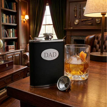 Black Leatherette Flask with Engraving Plate