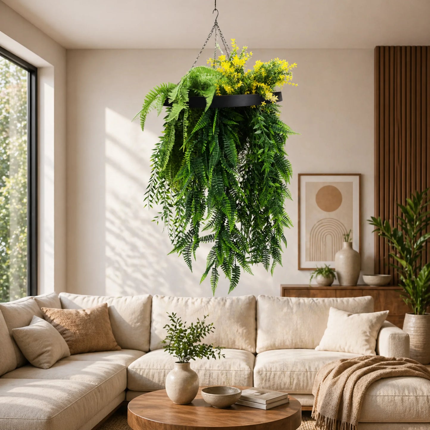 Bright Tropical Foliage Artificial Hanging Disc 25.6in long – Black Frame – UV Resistant