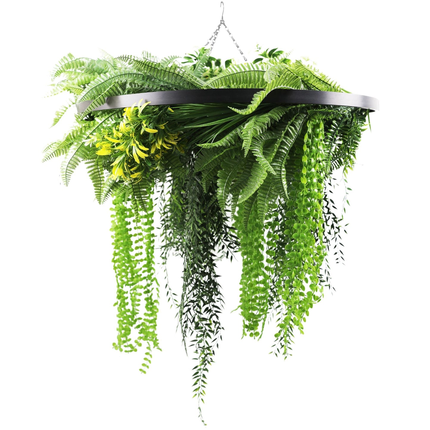 Artificial Hanging Plant Chandelier – Draping Fern Circular Ring (33in long) Black Frame – UV Resistant