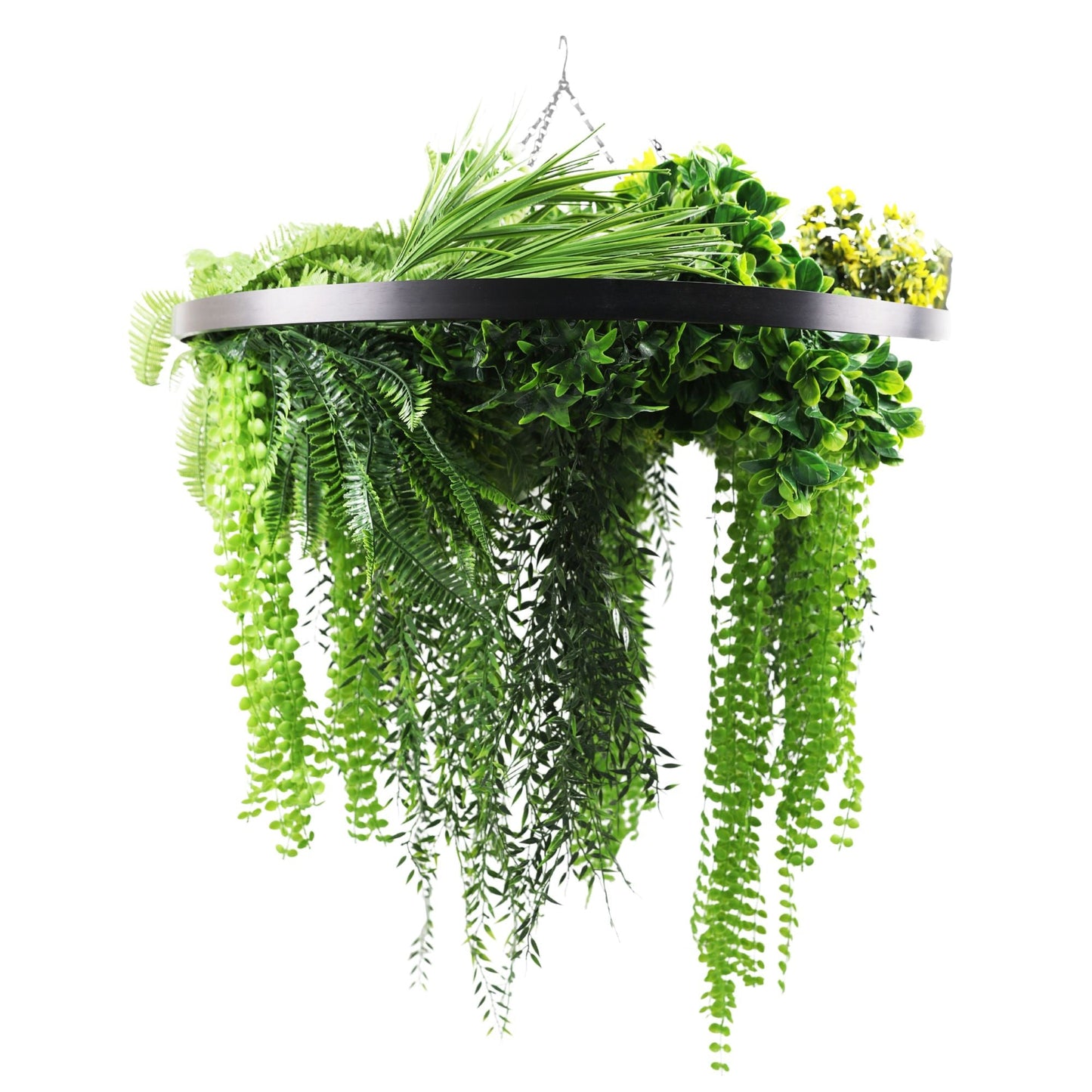 Artificial Hanging Plant Chandelier – Draping Fern Circular Ring (33in long) Black Frame – UV Resistant