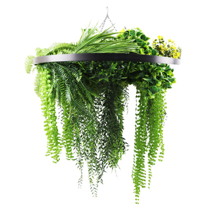 Artificial Hanging Plant Chandelier – Draping Fern Circular Ring (33in long) Black Frame – UV Resistant
