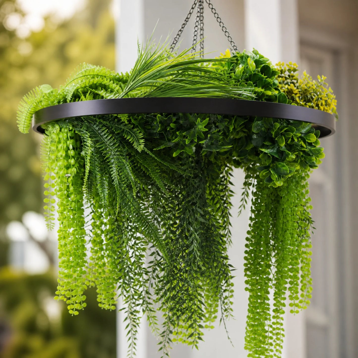Artificial Hanging Plant Chandelier – Draping Fern Circular Ring (33in long) Black Frame – UV Resistant