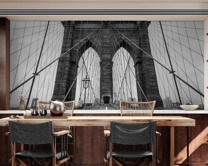 Black and White Brooklyn Bridge Wallpaper Mural. New York City Theme Decor. #6798
