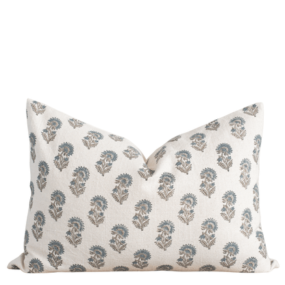 Lark Floral Block Printed Pillow Cover | Blue | Lumbar