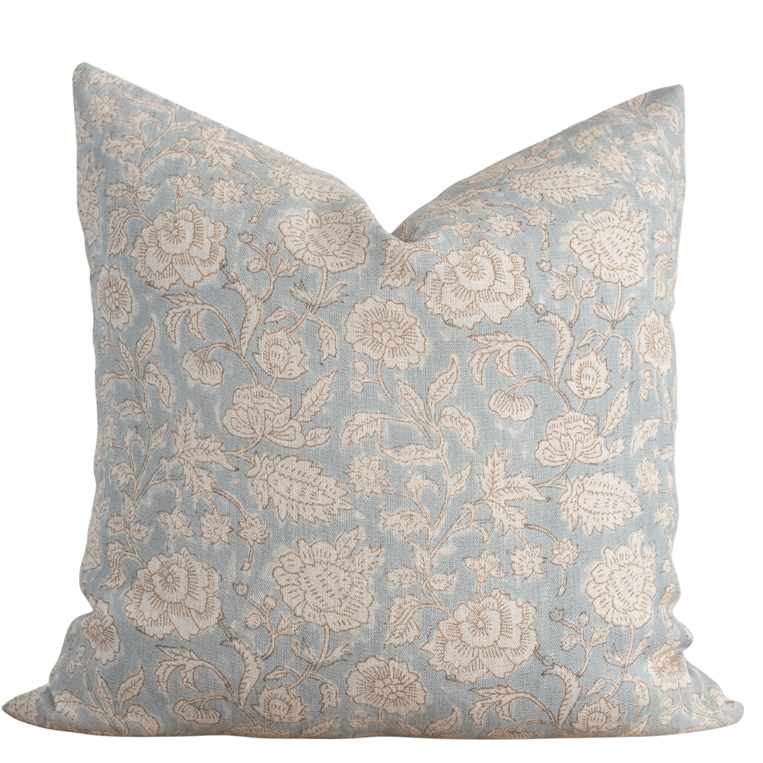 Ivy Floral Block Printed Pillow Cover | Blue