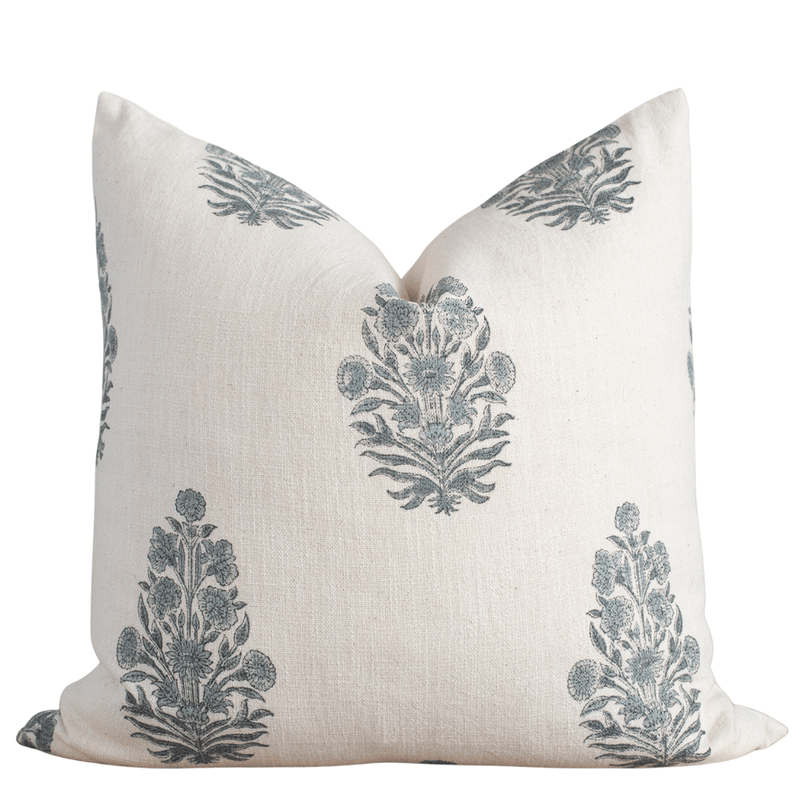 Azure Floral Block Printed Pillow Cover | Blue