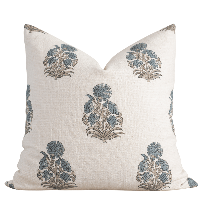 Etta Floral Block Printed Pillow Cover | Blue, Green