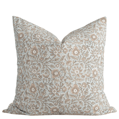 Milena Floral Block Printed Pillow Cover | Blue, Green, Light Brown