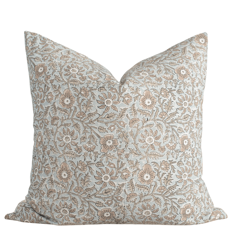 Milena Floral Block Printed Pillow Cover | Blue, Green, Light Brown