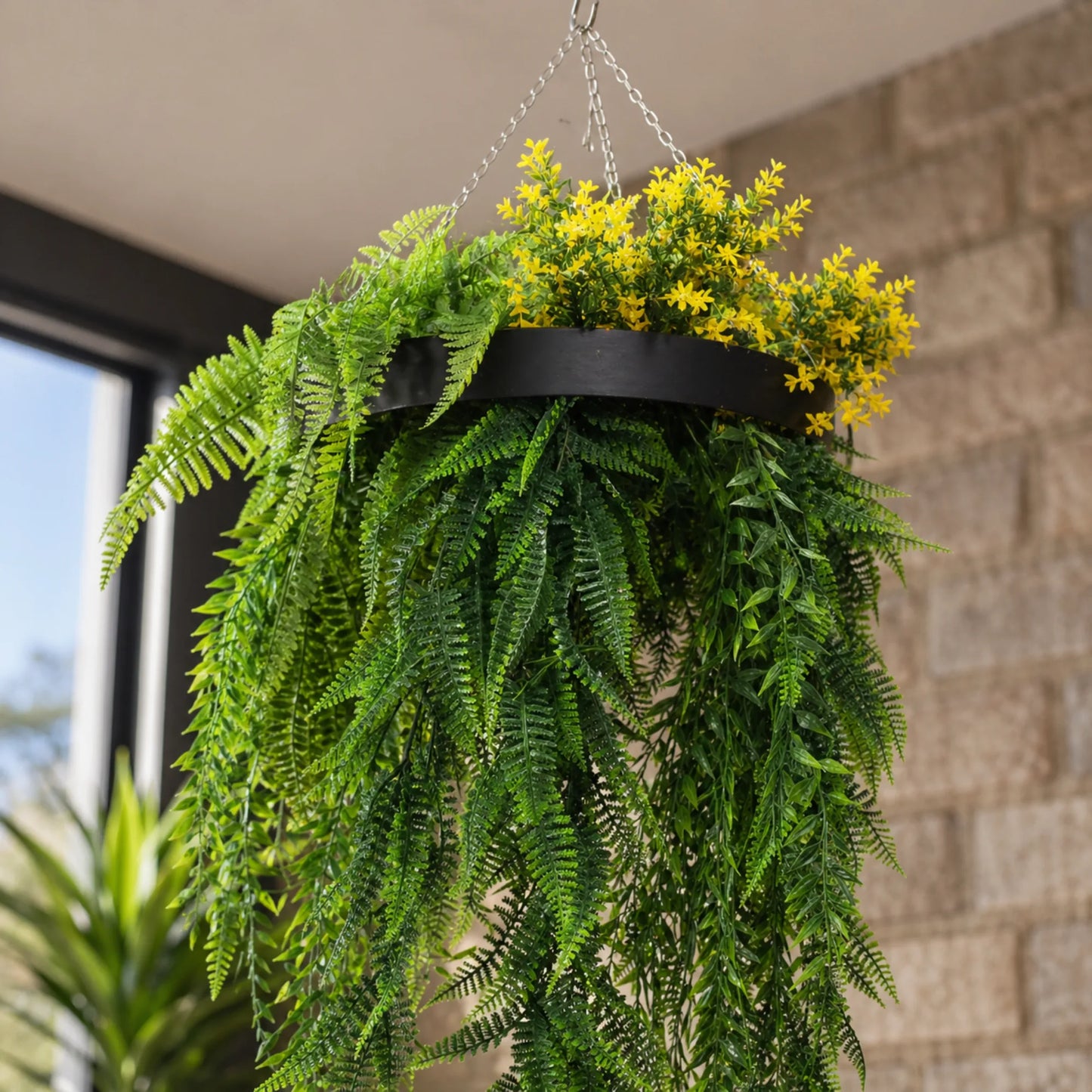 Bright Tropical Foliage Artificial Hanging Disc 25.6in long – Black Frame – UV Resistant