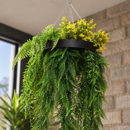 Bright Tropical Foliage Artificial Hanging Disc 25.6in long – Black Frame – UV Resistant