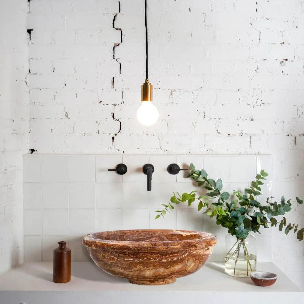 Handcrafted Brown Onyx Natural Stone Round Polished Drop-In Vessel Sink