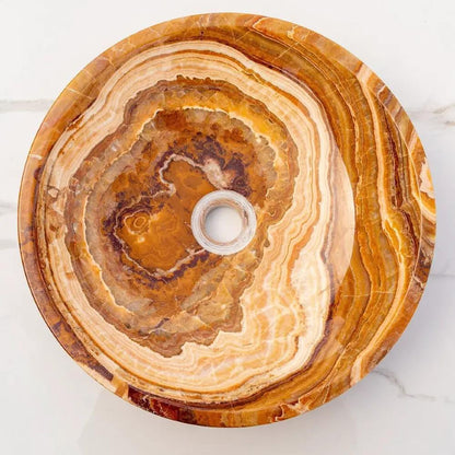Natural Stone Vessel Sink 16 Inch Brown Onyx Polished Bathroom Basin