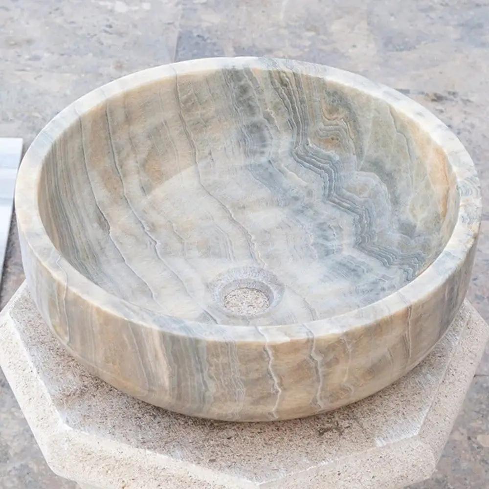 Gray Onyx Vessel Sink Polished 16 Inch Round Countertop Bathroom