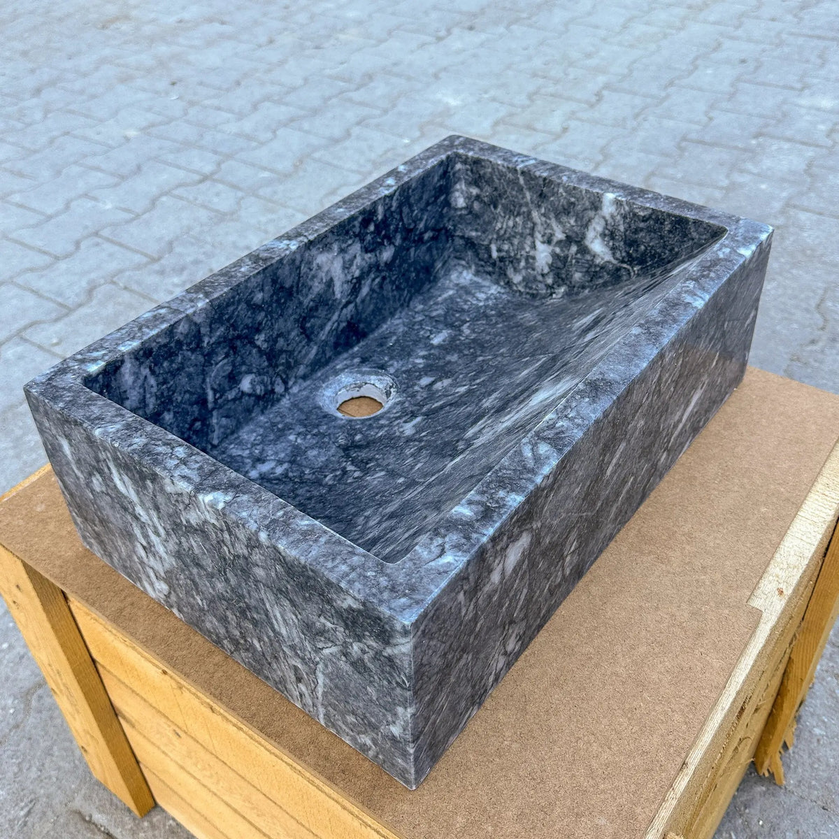 18x12 Polished Gray Marble Hand Carved Rectangular Farmhouse Sink
