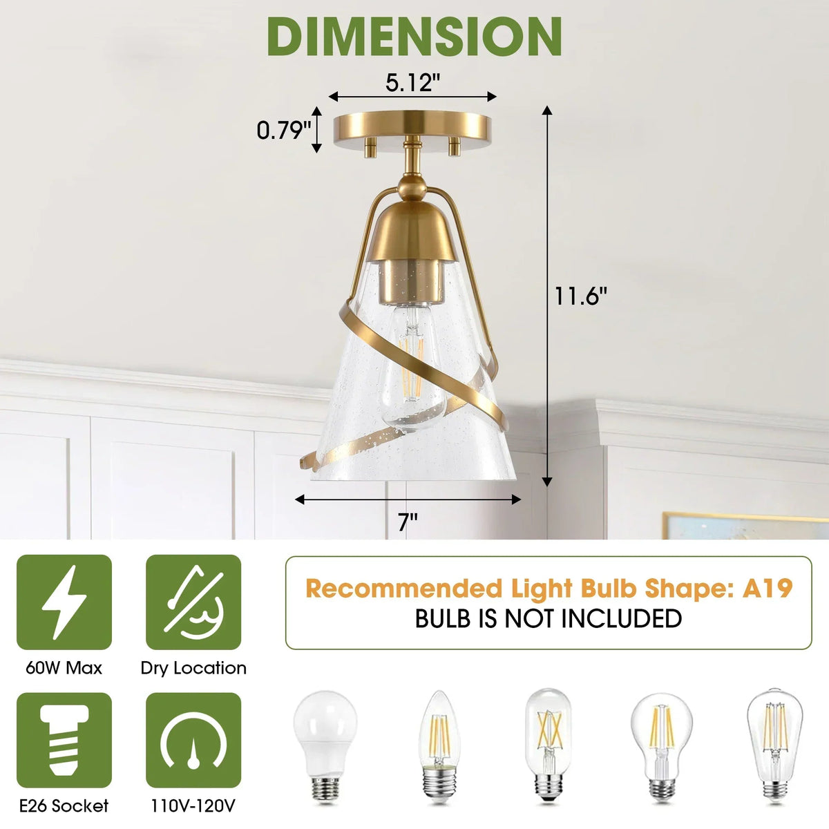 7 Inch Walker 1-Light Semi-Flush Mount Ceiling Light, view 9