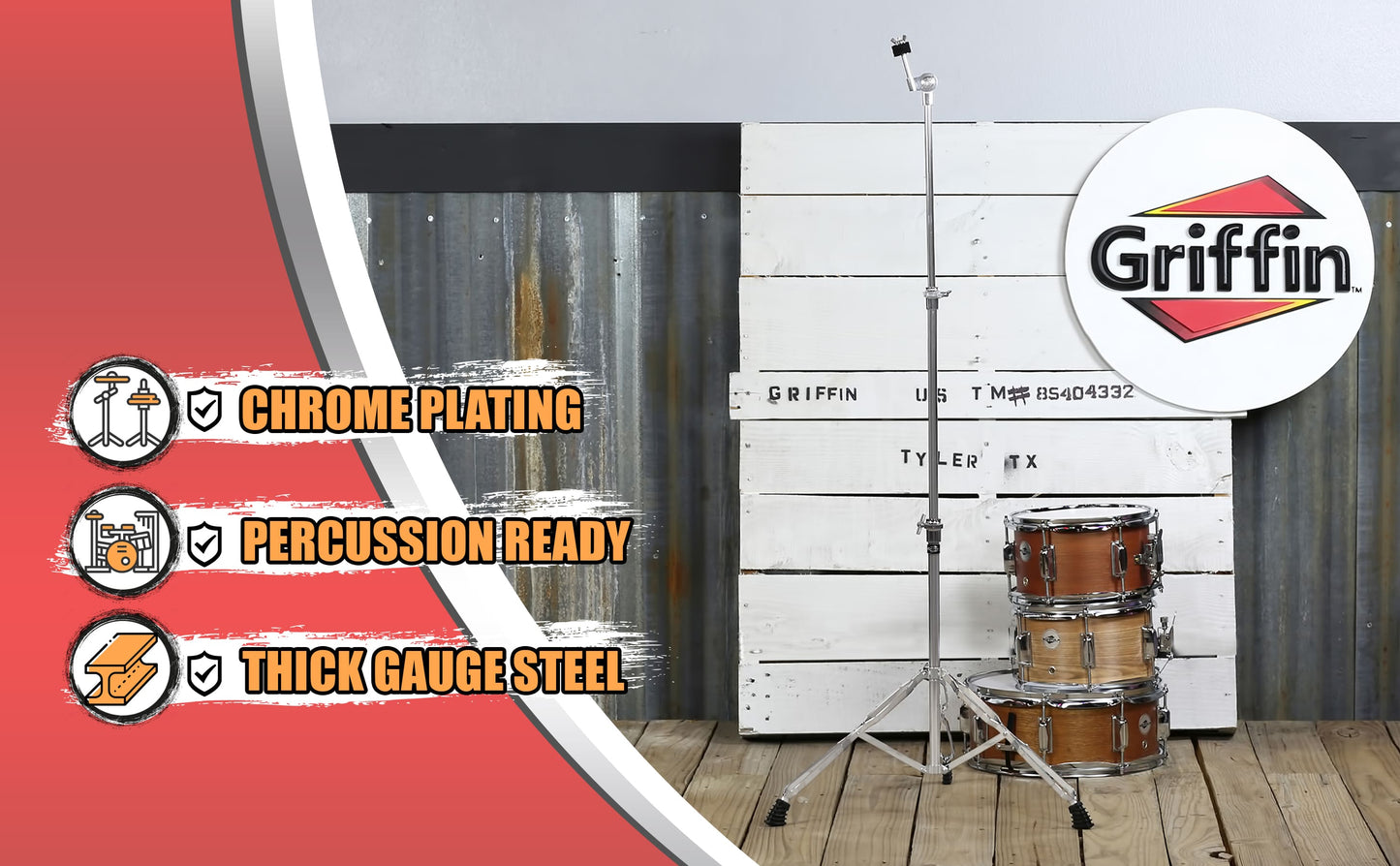 Straight Cymbal Stand by GRIFFIN | Deluxe Percussion Drum Hardware Set for Mounting Medium-Duty Crash, Ride & Splash Cymbals | Double Braced Legs, Slip-Proof Gear Holder | Light for Mobile Drummers