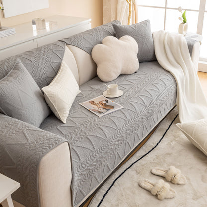 Geometric Textured Cotton Quilted Sofa Cover, Non-Slip Washable Couch Protector