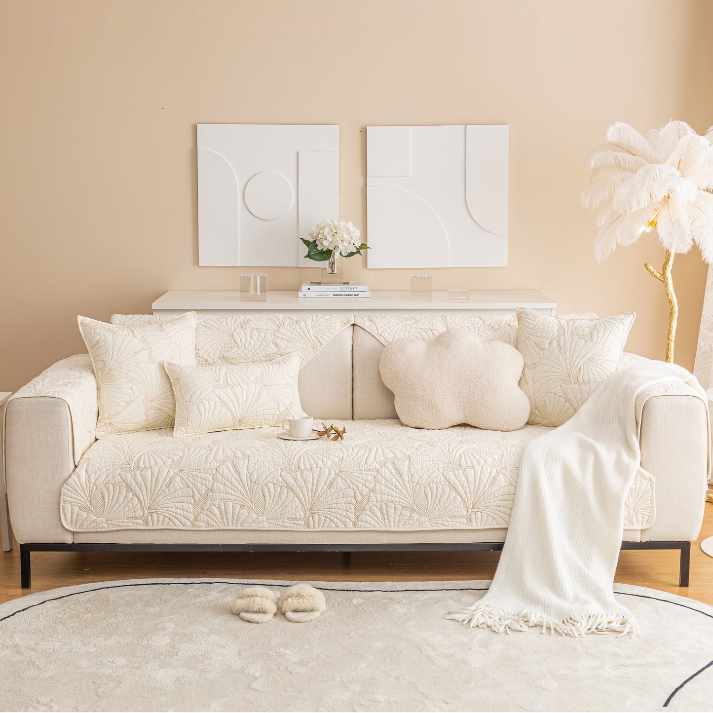 Embossed Leaf Cotton Quilted Sofa Cover Non-Slip Couch Protector with Thick Padding