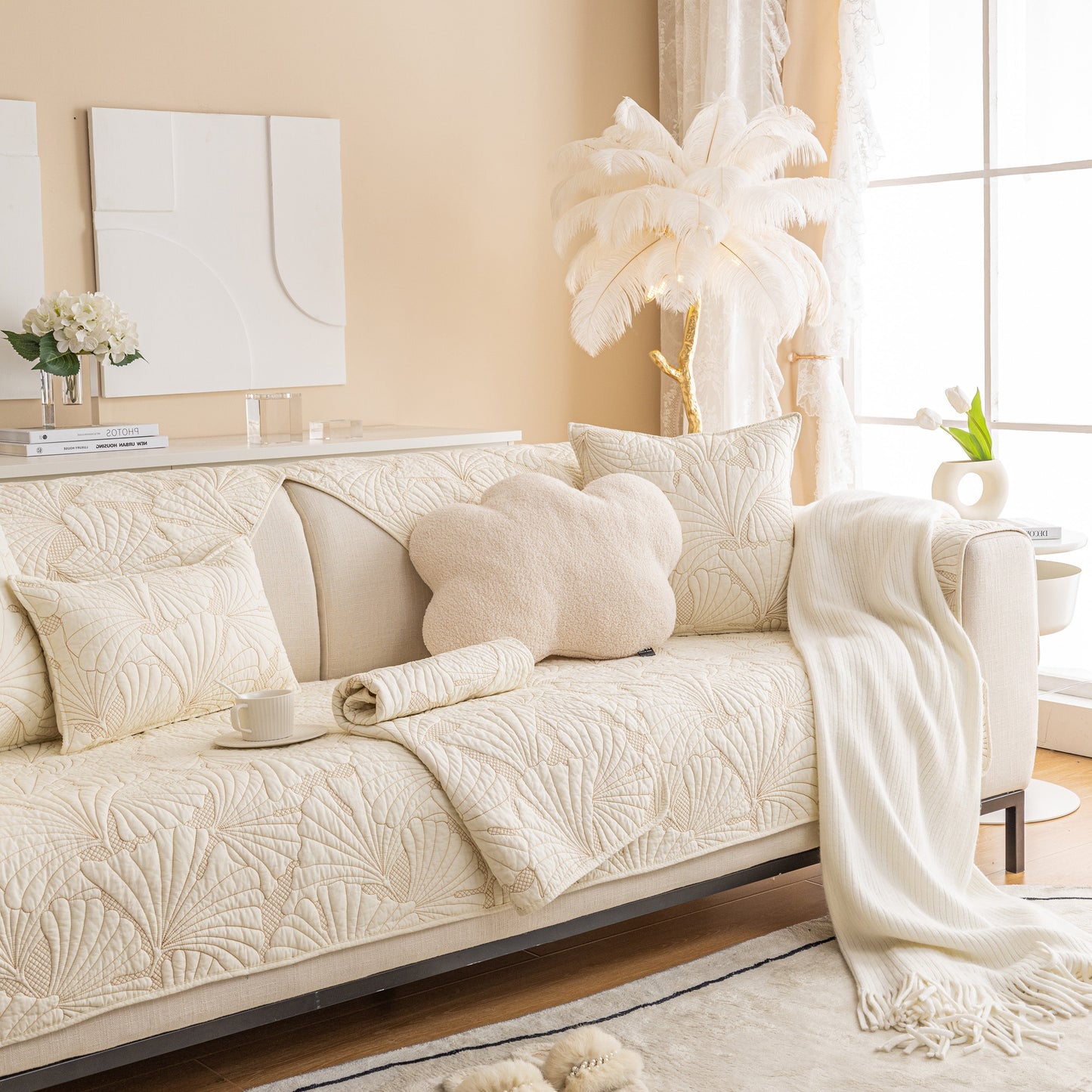 Embossed Leaf Cotton Quilted Sofa Cover Non-Slip Couch Protector with Thick Padding