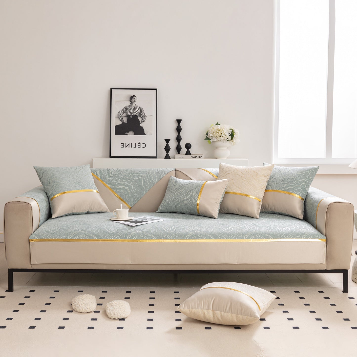 Modular Sofa Cover for Sectionals, Gold Striped Non-Slip Couch Protector
