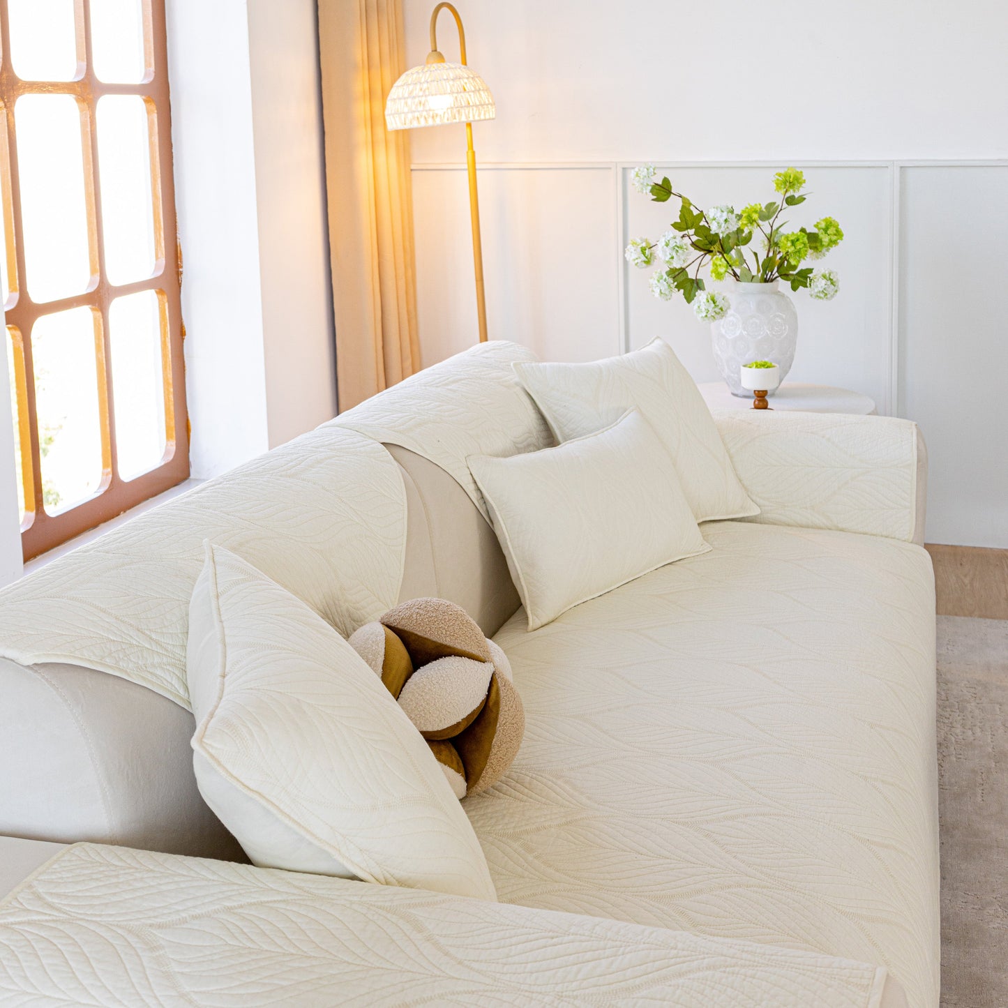 Leaf Vein Textured Cotton Quilted Sofa Slipcover, Non-Slip Modular Couch Covers