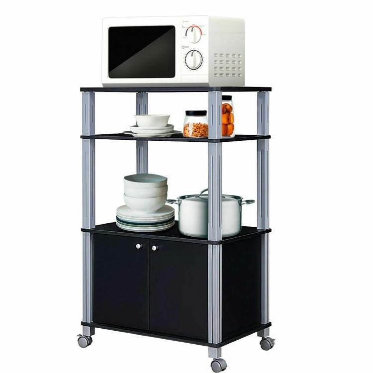 Modern 3-Shelf Kitchen Baker’s Rack Cart on Wheels in Black Wood Finish