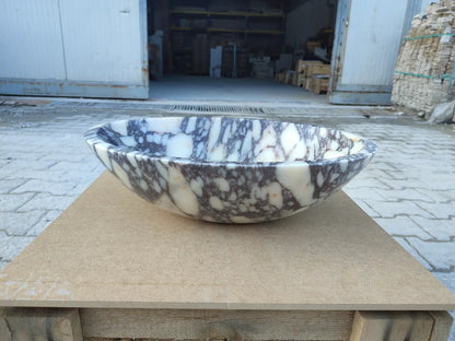 Calacatta Viola Oval White Purple Marble Handcarved Above Counter Vessel Bathroom Sink 14x18x5 Inch