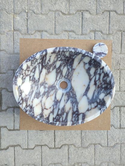 Calacatta Viola Oval White Purple Marble Handcarved Above Counter Vessel Bathroom Sink 14x18x5 Inch