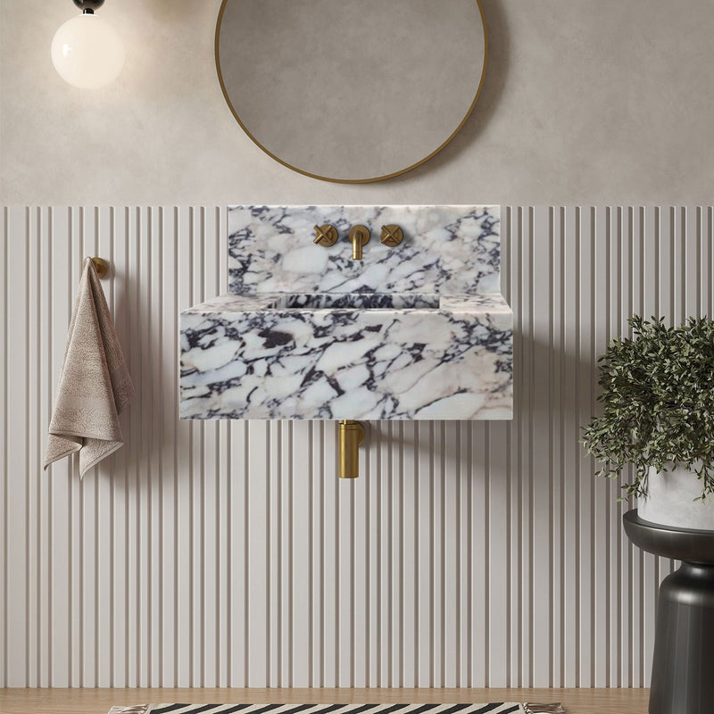 Calacatta Viola Marble Wall Mount Bathroom Sink 32x16 - Polished 10 Inch Integrated Backsplash