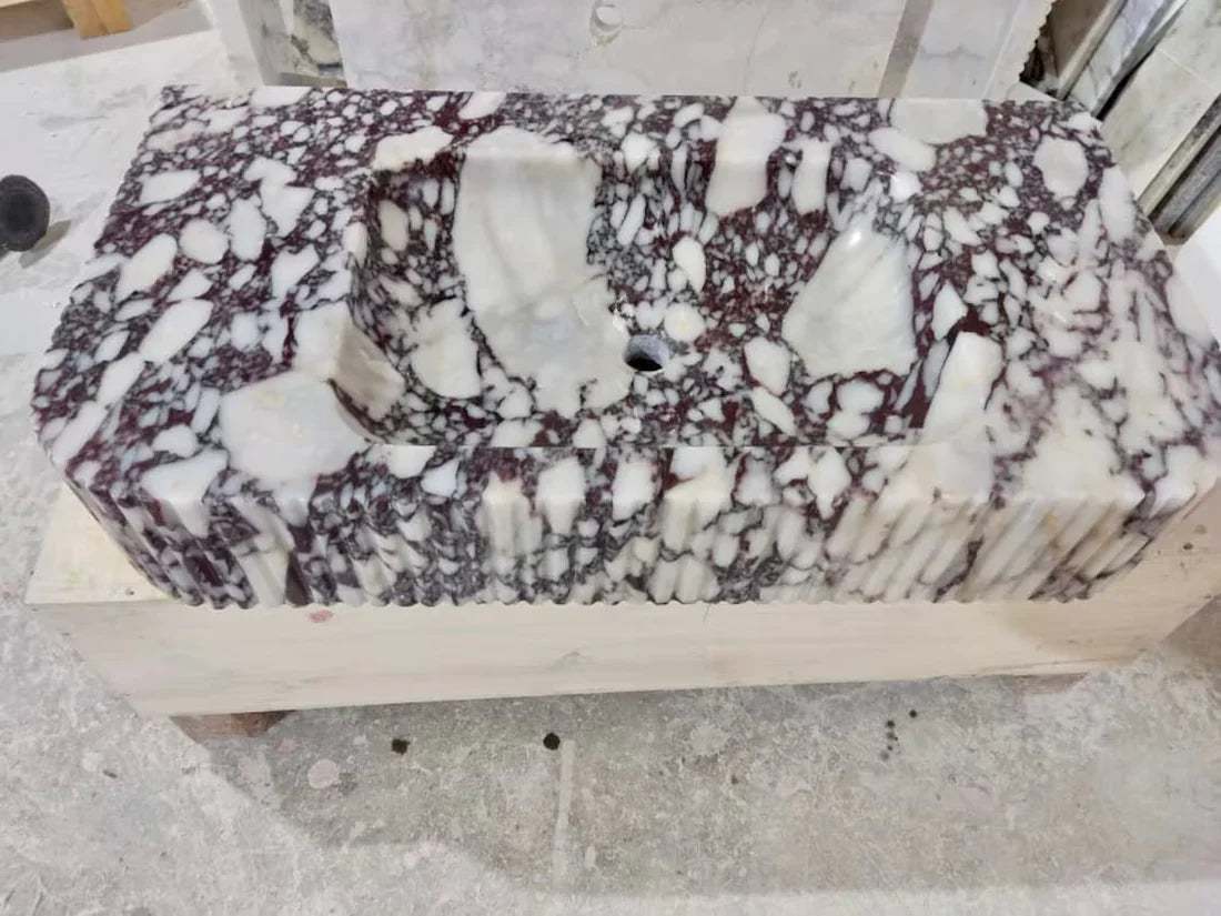 Calacatta Viola Marble Wall-mount Bathroom Vanity - Handcrafted Ribbed Textured 18x32x6