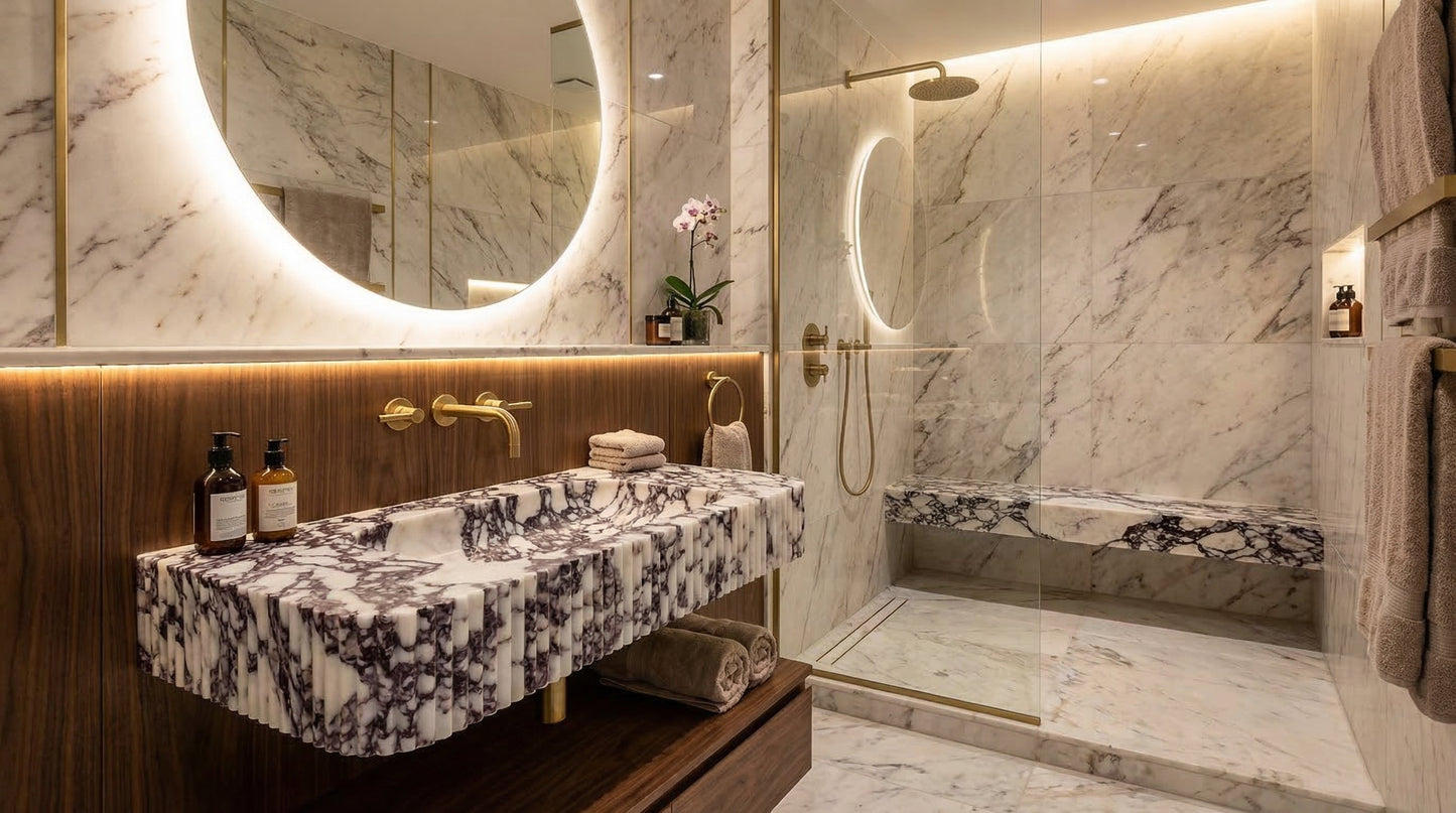 Calacatta Viola Marble Wall-mount Bathroom Vanity - Handcrafted Ribbed Textured 18x32x6