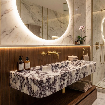 Calacatta Viola Marble Wall-mount Bathroom Vanity - Handcrafted Ribbed Textured 18x32x6