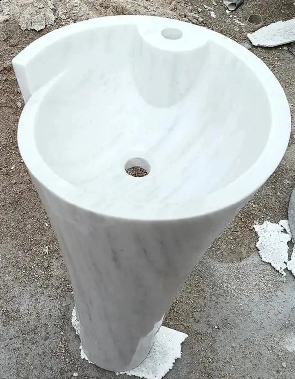 Carrara White Marble Pedestal Bathroom Sink Conical Design Free Shipping