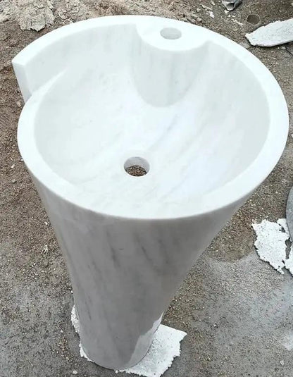 Carrara White Marble Pedestal Bathroom Sink Conical Design Free Shipping