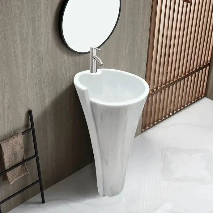 Carrara White Marble Pedestal Bathroom Sink Conical Design Free Shipping