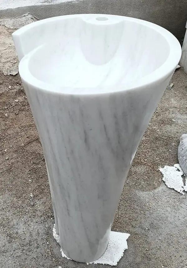 Carrara White Marble Pedestal Bathroom Sink Conical Design Free Shipping