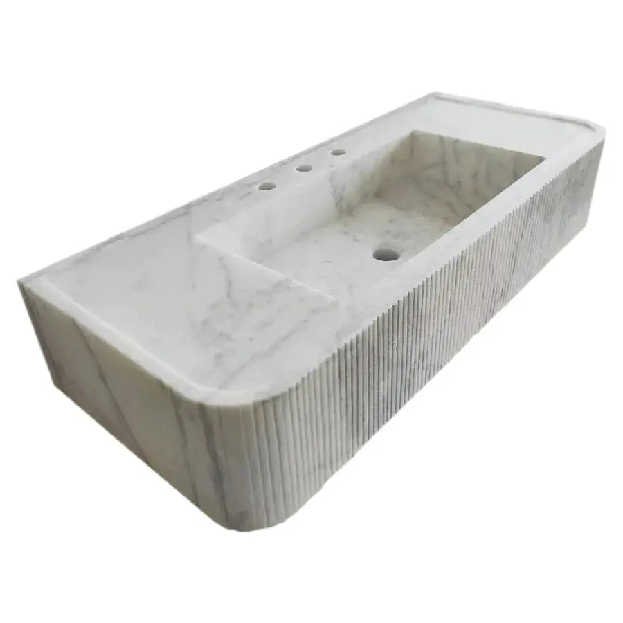 Carrara White Marble Wall Mount Bathroom Sink With Ribbed Texture