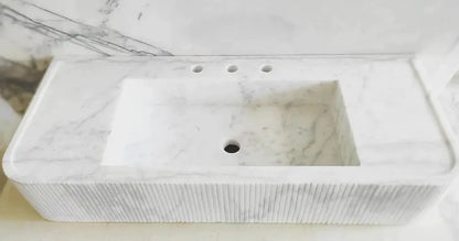 Carrara White Marble Wall Mount Bathroom Sink With Ribbed Texture