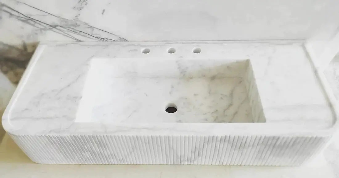 Carrara White Marble Wall Mount Bathroom Sink With Ribbed Texture
