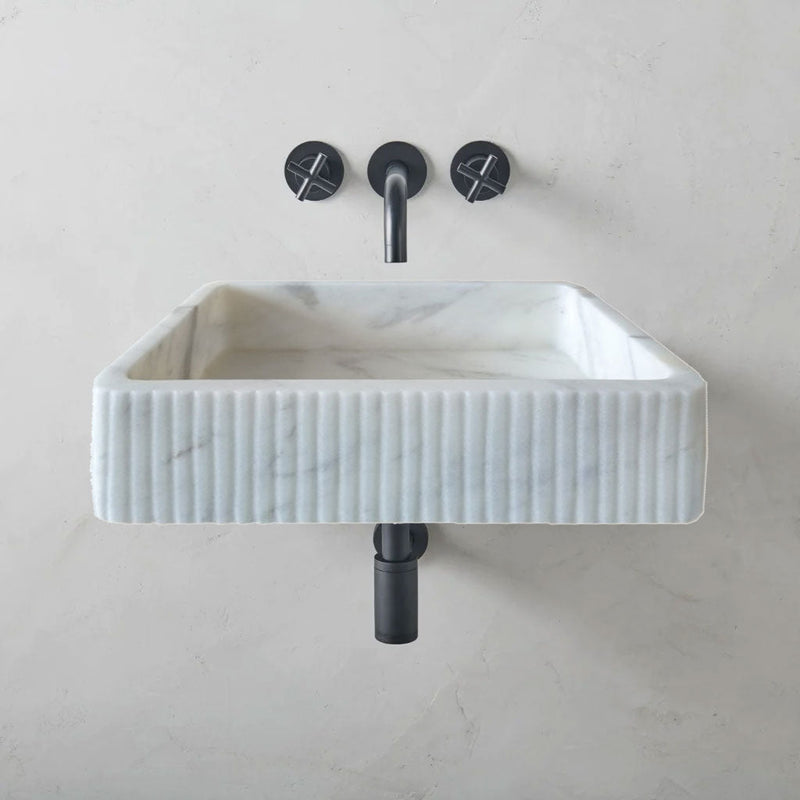 Carrara White Marble Wall-Mount Bathroom Sink - 24x16 Ribbed Honed
