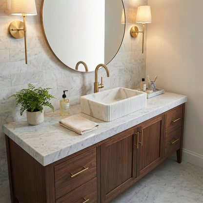 Carrara White Marble Wall-Mount Bathroom Sink - Ribbed Textured 16x24