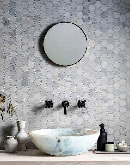 Round Polished White Carrara Marble Vessel Sink 16 Inch