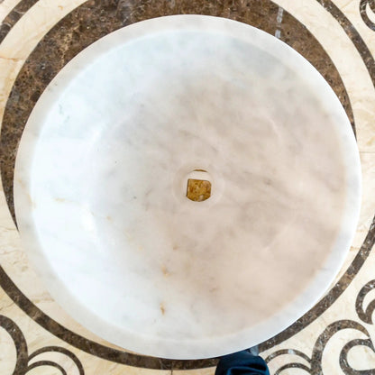 Round Polished White Carrara Marble Vessel Sink 16 Inch